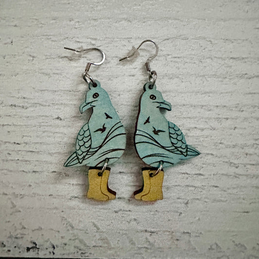 Hand Painted Seagull in Boots Earrings