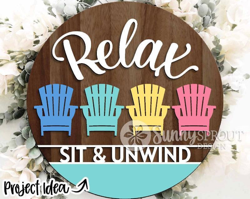 Wooden door hanger with 'Relax Sit & Unwind' text and chair