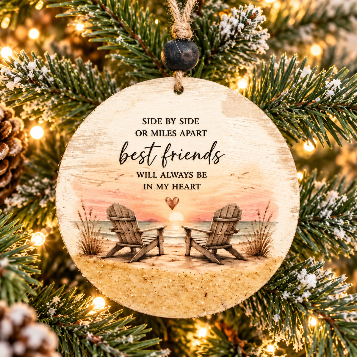 Handcrafted best friends ornament with two Adirondack chairs sunset beach scene and authentic Outer Banks sand