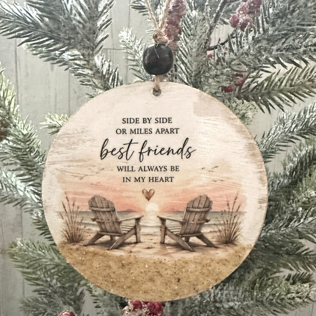Best friends coastal Christmas ornament with beach chairs and real Outer Banks beach sand hanging on Christmas tree
